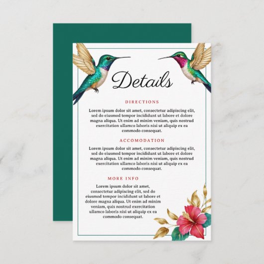 Flying Hummingbirds Red Tropical Flower Wedding エンクロージャーカード (正面/裏面)