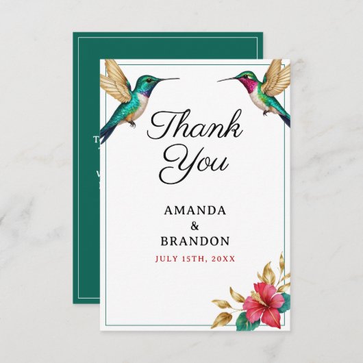 Flying Hummingbirds Red Tropical Flower Wedding サンキューカード (正面/裏面)