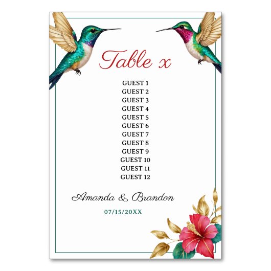 Flying Hummingbirds Red Tropical Flower Wedding テーブルナンバー (正面)