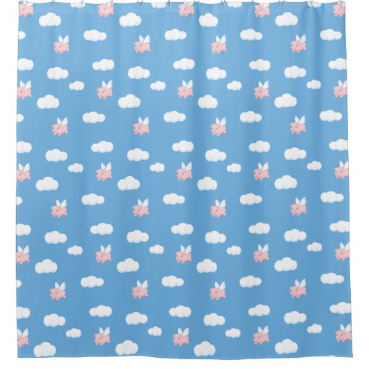 Flying Pig Cute Piglet with Wings on Blue Pattern シャワーカーテン (正面)