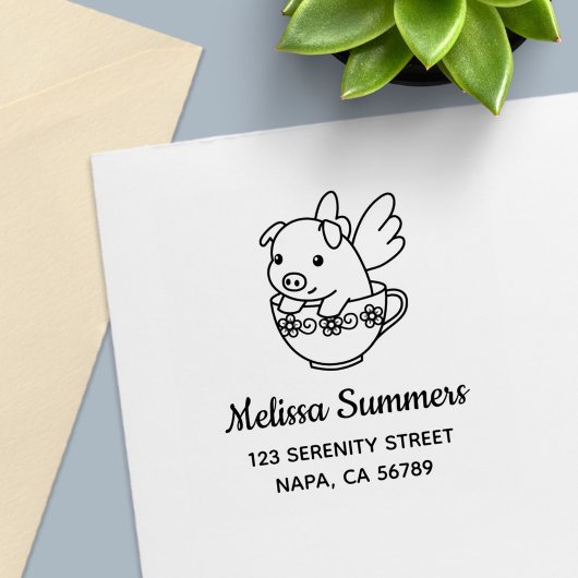 Flying Pig - Piglet with Wings in a Teacup Address セルフインキングスタンプ