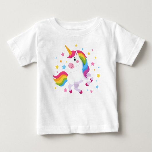 Flying Rainbow Unicorn With Stars ベビーTシャツ (正面)