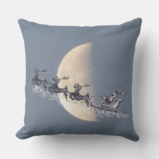 Flying Santa in Reindeer-Sled Christmas Pillow クッション (正面)
