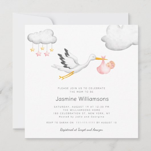Flying Stork Clouds Stars Baby Shower 招待状 (正面)