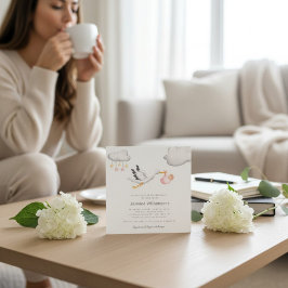 Flying Stork Clouds Stars Baby Shower 招待状