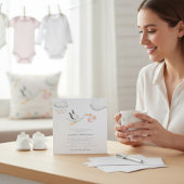 Flying Stork Clouds Stars Baby Shower 招待状