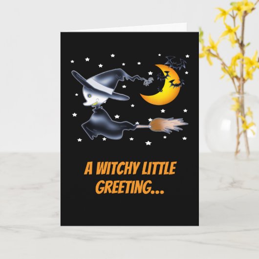 Flying Witch and Crescent Moon Halloween Night カード (黄色い花)