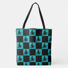 Flying Witch Black & Teal Checkered Tote Bag トートバッグ