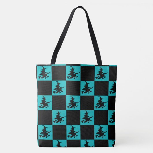 Flying Witch Black & Teal Checkered Tote Bag トートバッグ (正面)