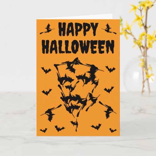 Flying Witches Halloween Skull Bats Silhouette  カード (黄色い花)
