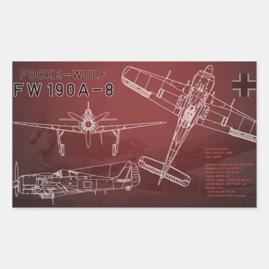 Focke-Wulf Fw 190ブループリント 長方形シール (正面)