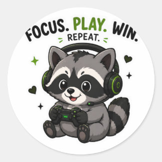 FOCUS PLAY WIN REPEAT ゲーマーアライグマステッカー ラウンドシール