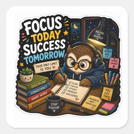Focus Today, Success Tomorrow – Study Owl Sticker スクエアシール (正面)