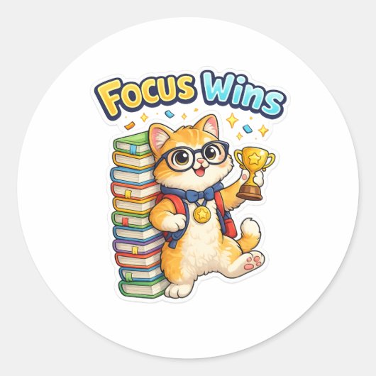 Focus Wins Cute Study Cat Sticker ラウンドシール (正面)
