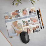 Fog Grey Stripe Photo Collage マウスパッド<br><div class="desc">Chic photo collage mousepad displays nine favorite photos in a square format,  with your family name,  business name or choice of personalization displayed on a thin band of fog gray.</div>