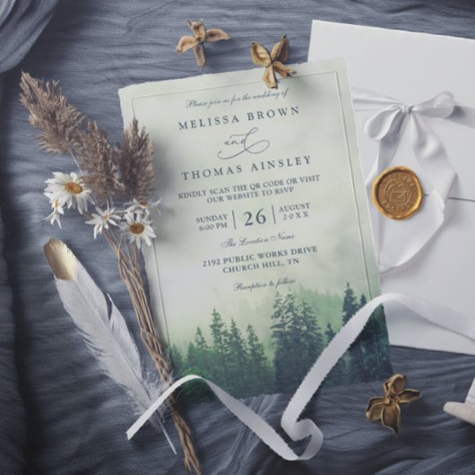 Foggy Green Mountain Pines Rustic QR Code Wedding 招待状