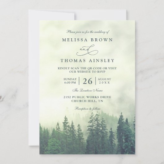 Foggy Green Mountain Pines Rustic QR Code Wedding 招待状 (正面)