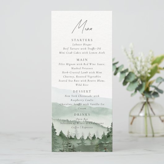 Foggy Pine Tree Mountain Wedding Menu Card 招待状 (スタンド正面)