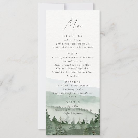 Foggy Pine Tree Mountain Wedding Menu Card 招待状 (正面)