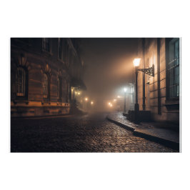 Foggy Victorian Cobblestone Alley Glow フォトプリント