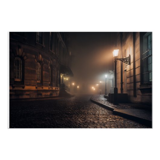 Foggy Victorian Cobblestone Alley Glow ポスター (正面)
