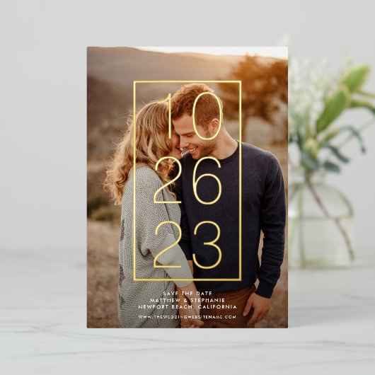 FOILでモダンの日付実在を保存する 箔招待状 (立ち正面)