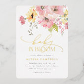 Foil, 箔, ホイル, フォイル | ベビー開花赤面ピンクフローラベビーシャワー 箔招待状 (正面)