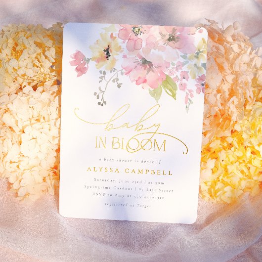 Foil, 箔, ホイル, フォイル | ベビー開花赤面ピンクフローラベビーシャワー 箔招待状
