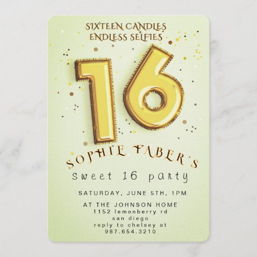 Foil Balloon Sweet Sixteen Birthday Party  招待状 (正面)