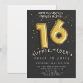 Foil Balloon Sweet Sixteen Birthday Party  招待状 (正面/裏面)
