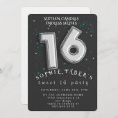 Foil Balloon Sweet Sixteen Birthday Party  招待状 (正面/裏面)
