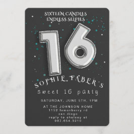 Foil Balloon Sweet Sixteen Birthday Party 招待状