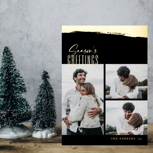 Foil Brushstroke Script Collage Christmas Card 箔招待状