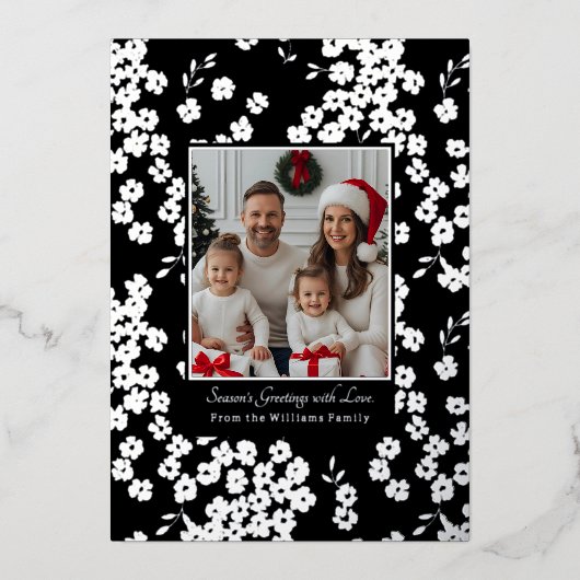 Foil Christmas Card Templates 2 Photo Floral Black 箔シーズンカード (正面)