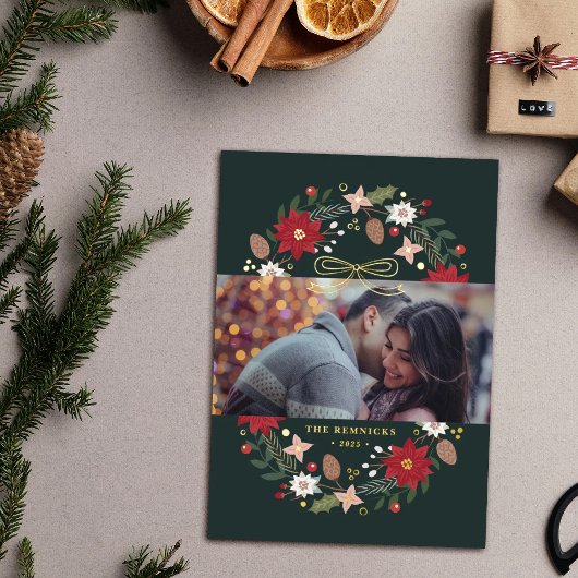 Foil Christmas Wreath Floral Holiday Photo Card 箔招待状