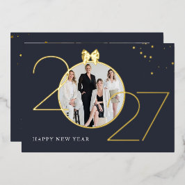 Foil Gold and Navy Photo Happy New Year Greeting  箔招待状