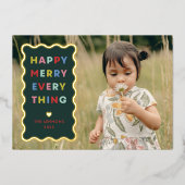 Foil Green Happy Merry Wavy Christmas Photo Card 箔招待状 (正面)