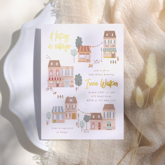 Foil It Takes A Village Gender Neutral Baby Shower 箔招待状