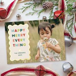 Foil Ivory Happy Merry Wavy Christmas Photo Card 箔招待状