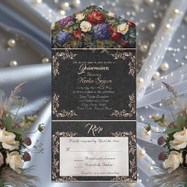 Foil Leaf Frame Quinceanera - Black/Floral Bouquet オールインワン招待状