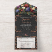 Foil Leaf Frame Quinceanera - Black/Floral Bouquet オールインワン招待状 (内側)