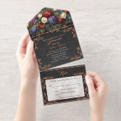 Foil Leaf Frame Quinceanera - Black/Floral Bouquet オールインワン招待状 (切り取り部)