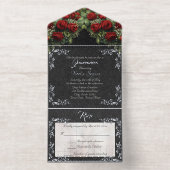 Foil Leaf Frame Quinceanera - Black/Rose Bouquet オールインワン招待状 (内側)