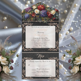 Foil Leaf Frame Quinceanera - Pearl/Floral Bouquet オールインワン招待状