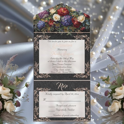 Foil Leaf Frame Quinceanera - Pearl/Floral Bouquet オールインワン招待状