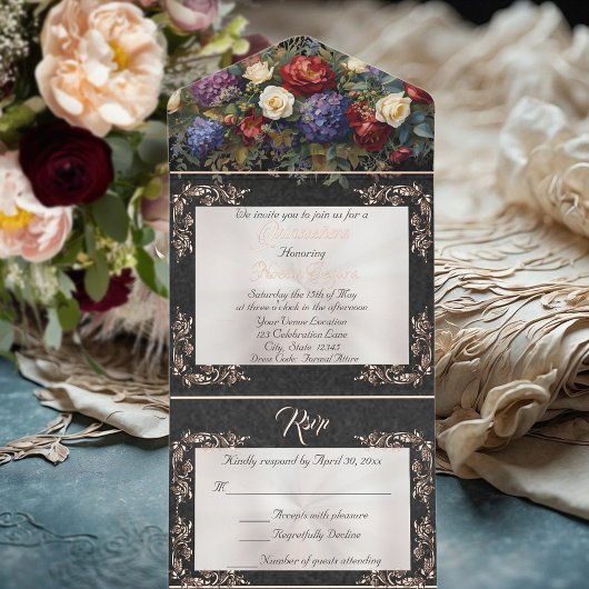 Foil Leaf Frame Quinceanera - Pearl/Floral Bouquet オールインワン招待状