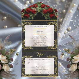 Foil Leaf Frame Quinceanera - Pearl/Rose Bouquet オールインワン招待状