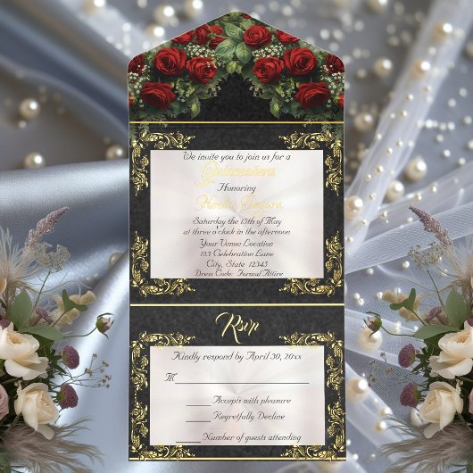 Foil Leaf Frame Quinceanera - Pearl/Rose Bouquet オールインワン招待状