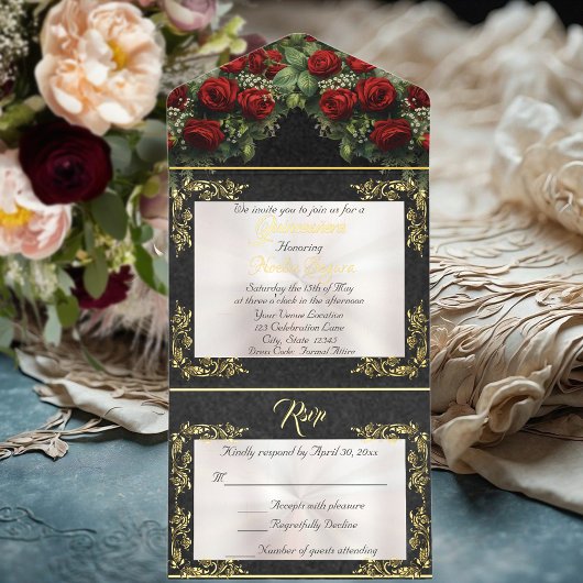 Foil Leaf Frame Quinceanera - Pearl/Rose Bouquet オールインワン招待状