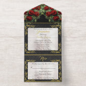 Foil Leaf Frame Quinceanera - Pearl/Rose Bouquet オールインワン招待状 (内側)